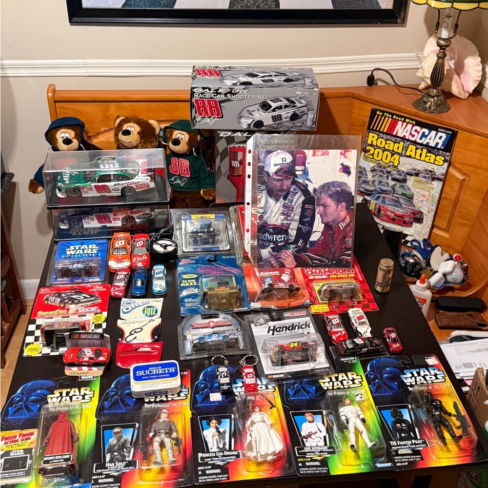 Nascar Memorabilia with Red, Blue, and Black Highlights